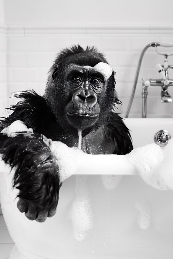 Gorilla In The Bathtub Funny Animal Photograph Gorilla Taking A Bubble Bath Ai Animal Print Funny Bathroom Wall Art Home