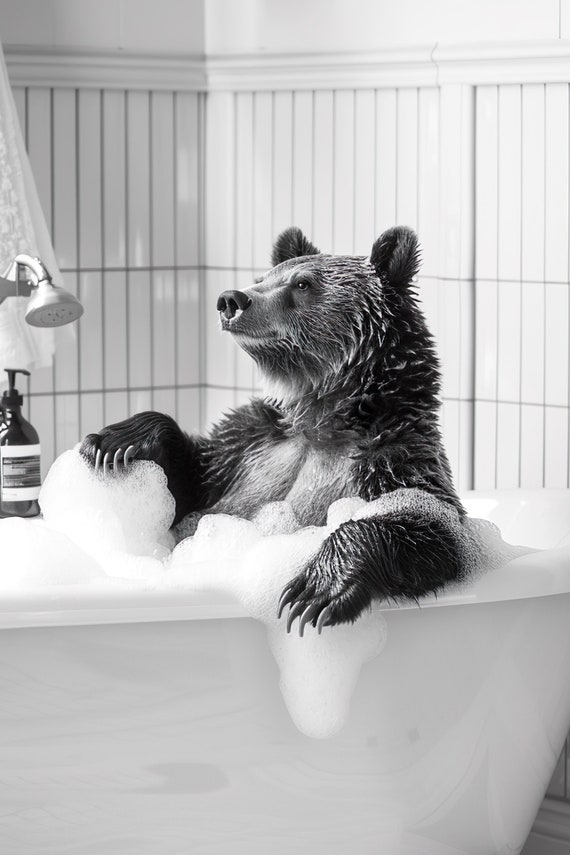 Bear In The Bathtub Funny Animal Photograph Bear Taking A Bubble Bath Ai Animal Print Funny Bathroom Wall Art Home