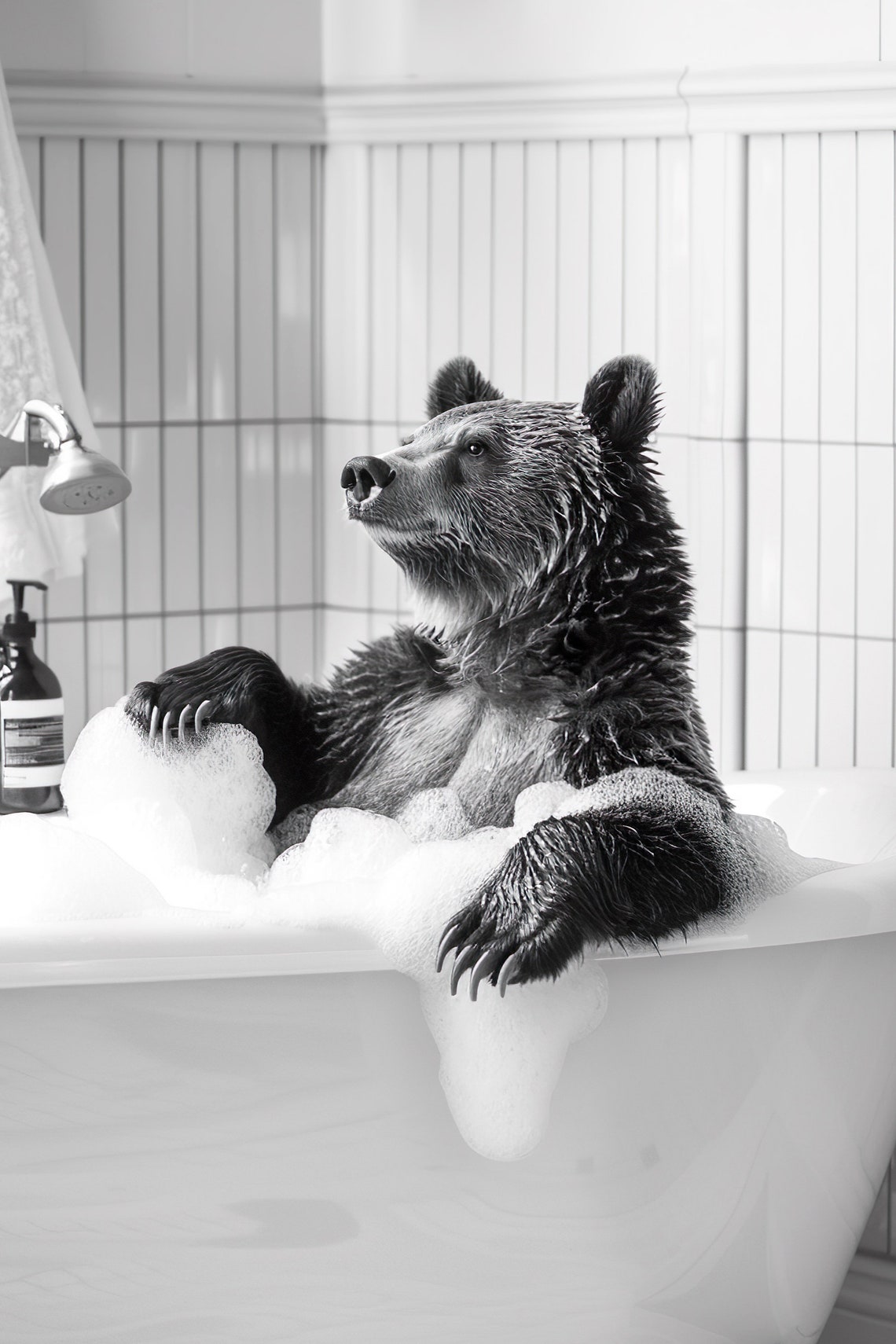 Bear Bubble Bath Relax Funny Claws Black And White Animal Poster
