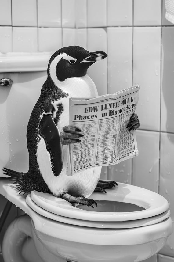 Penguin Sitting On The Toilet Reading A Newspaper Funny Bathroom Wall Art Funny Vintage Style Animal Photo Animal Print Ai Art