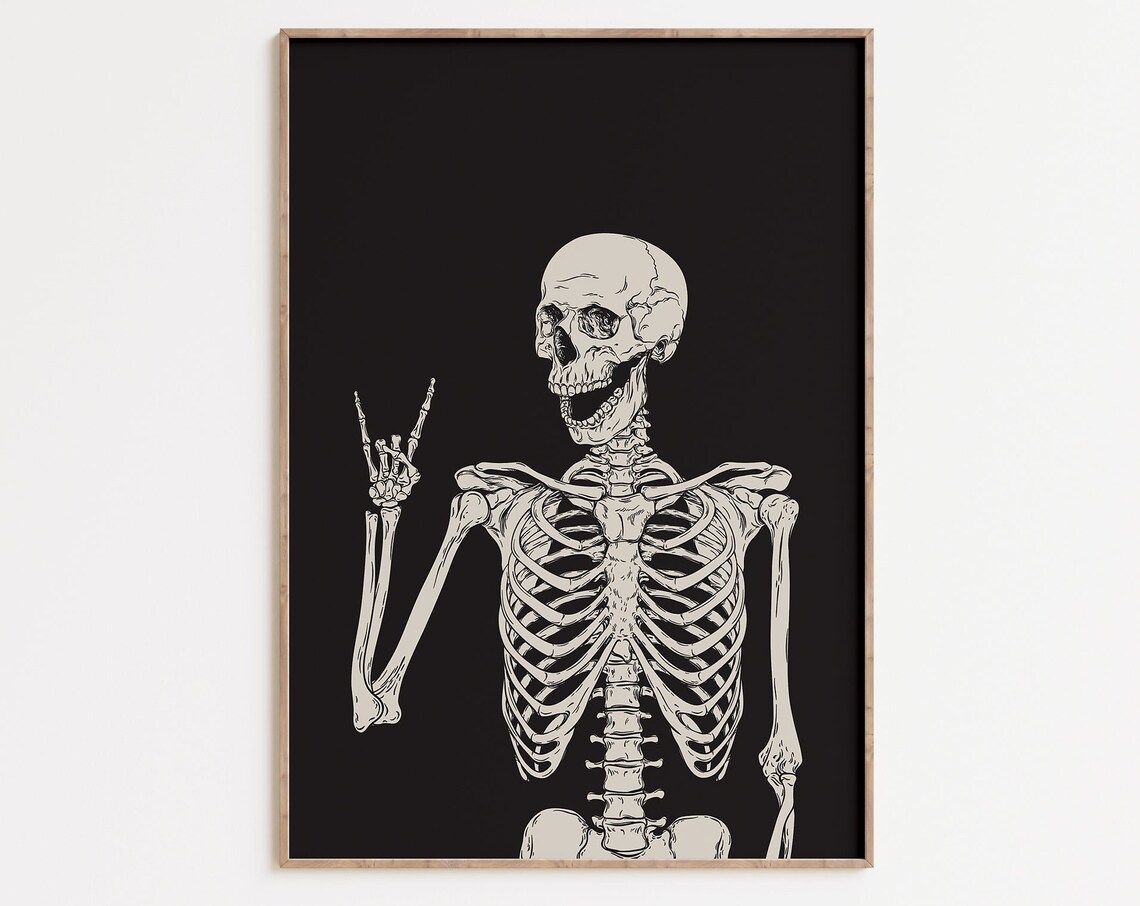 Skeleton Rock On Hand Sign Funny Halloween Skull Metal Music Black Wall Poster