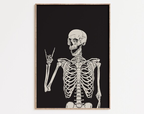 Skeleton Rock On Hand Sign Funny Halloween Skull Metal Music Black Wall Poster