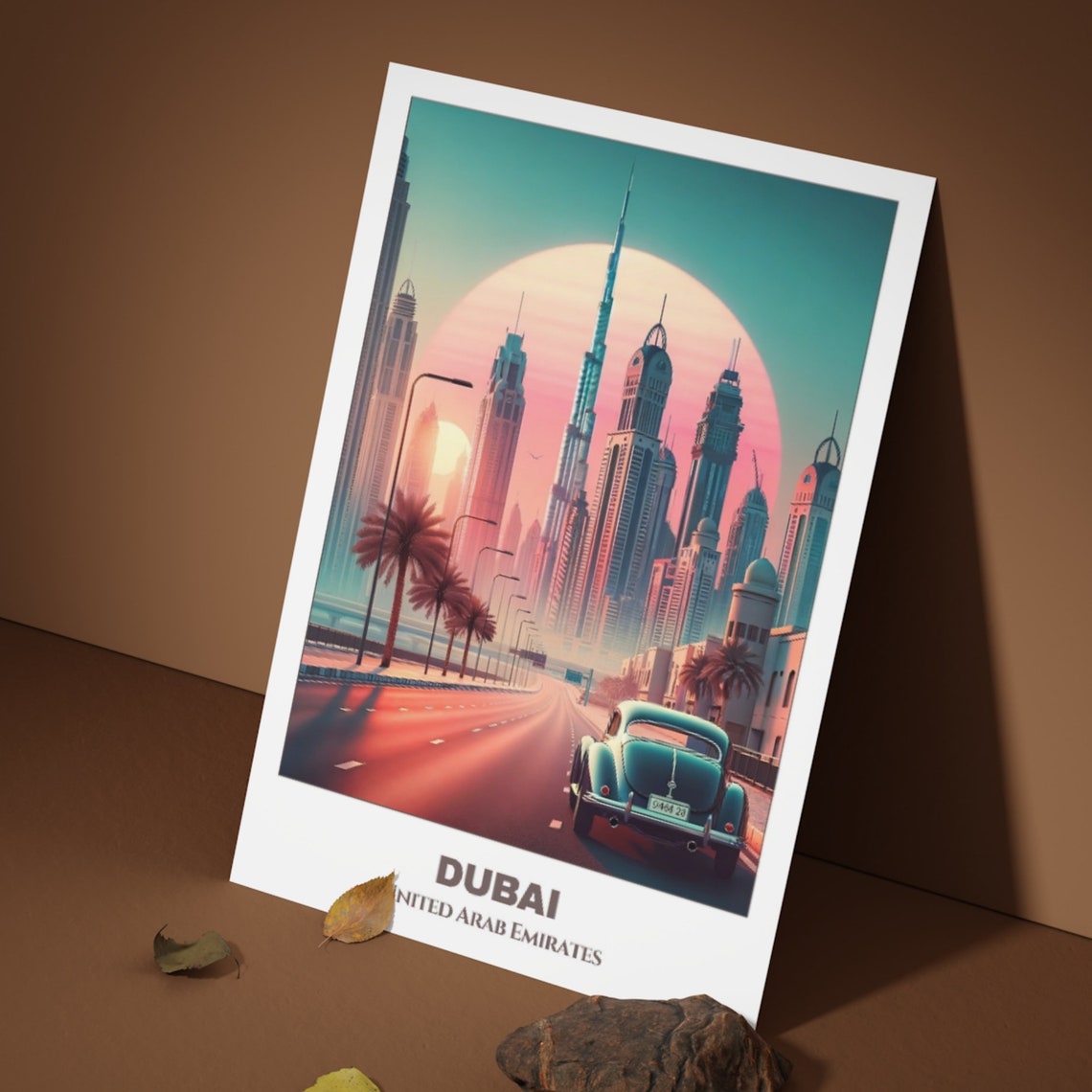 Dubai Downtown Skyline Sunset Classic Car Boulevard Travel Poster - Image 3