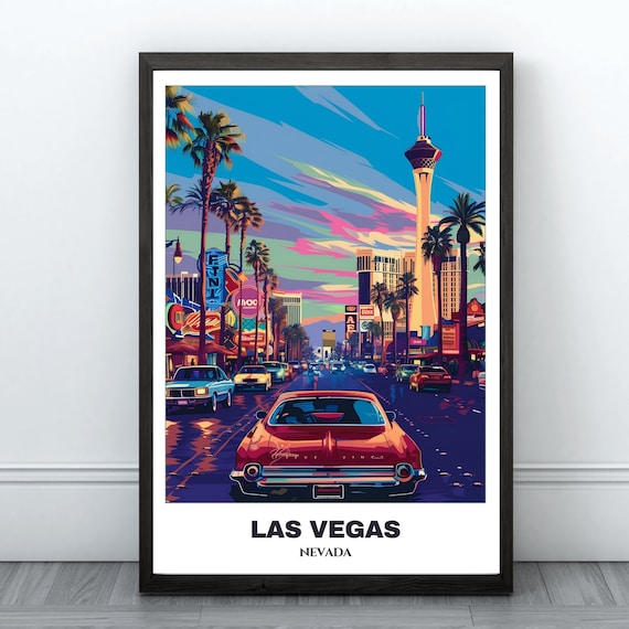 Las Vegas Downtown Street Classic Cars Neon Signs Travel Poster