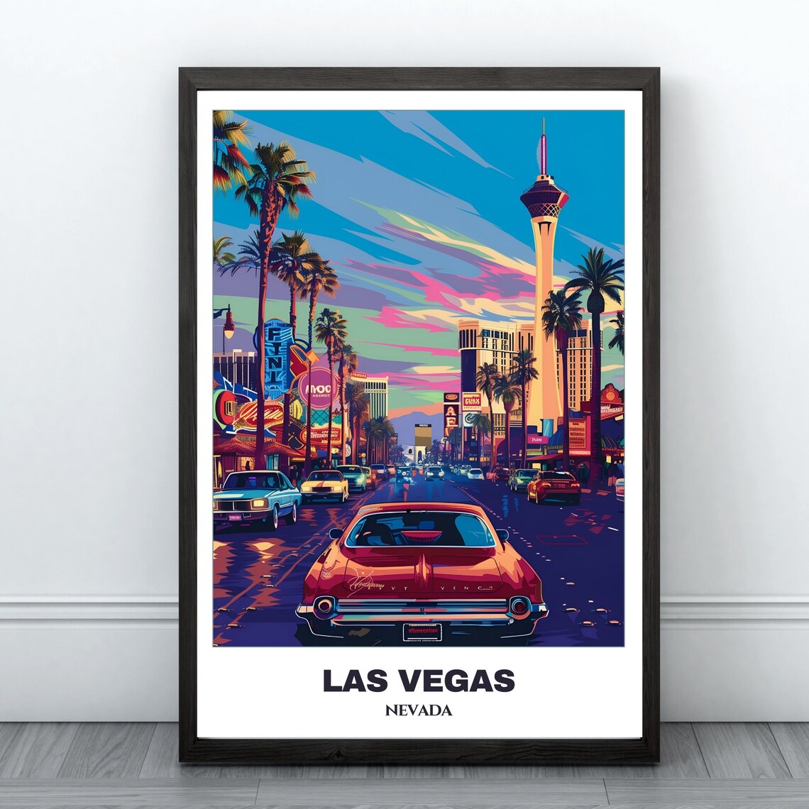 Las Vegas Downtown Street Classic Cars Neon Signs Travel Poster