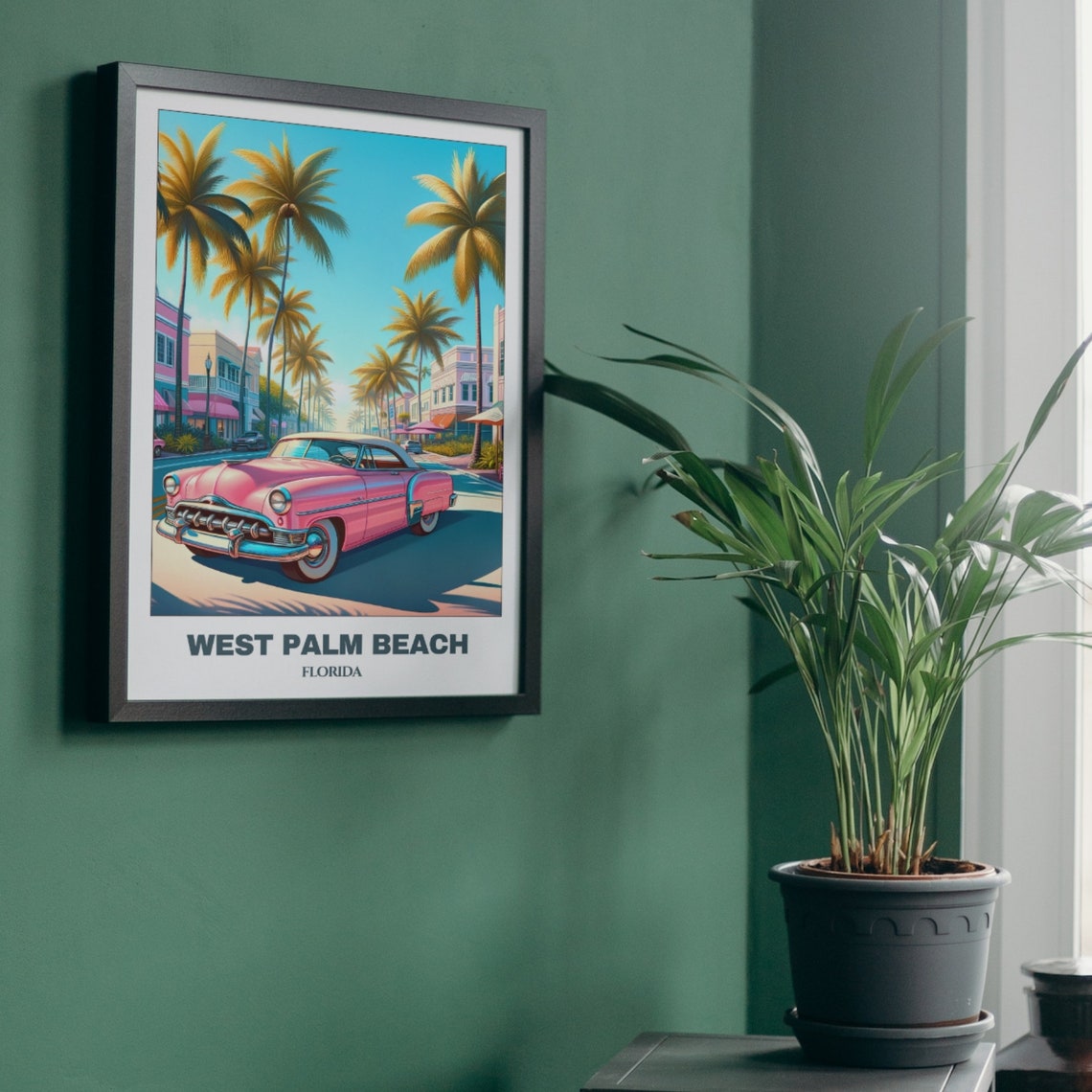 West Palm Beach Florida Pink Classic Car Palms Retro Travel Poster - Image 5