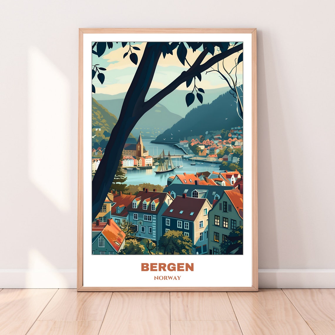 Bergen Harbor Panorama Fjords Hillside Sailing Ship View Poster - Image 3