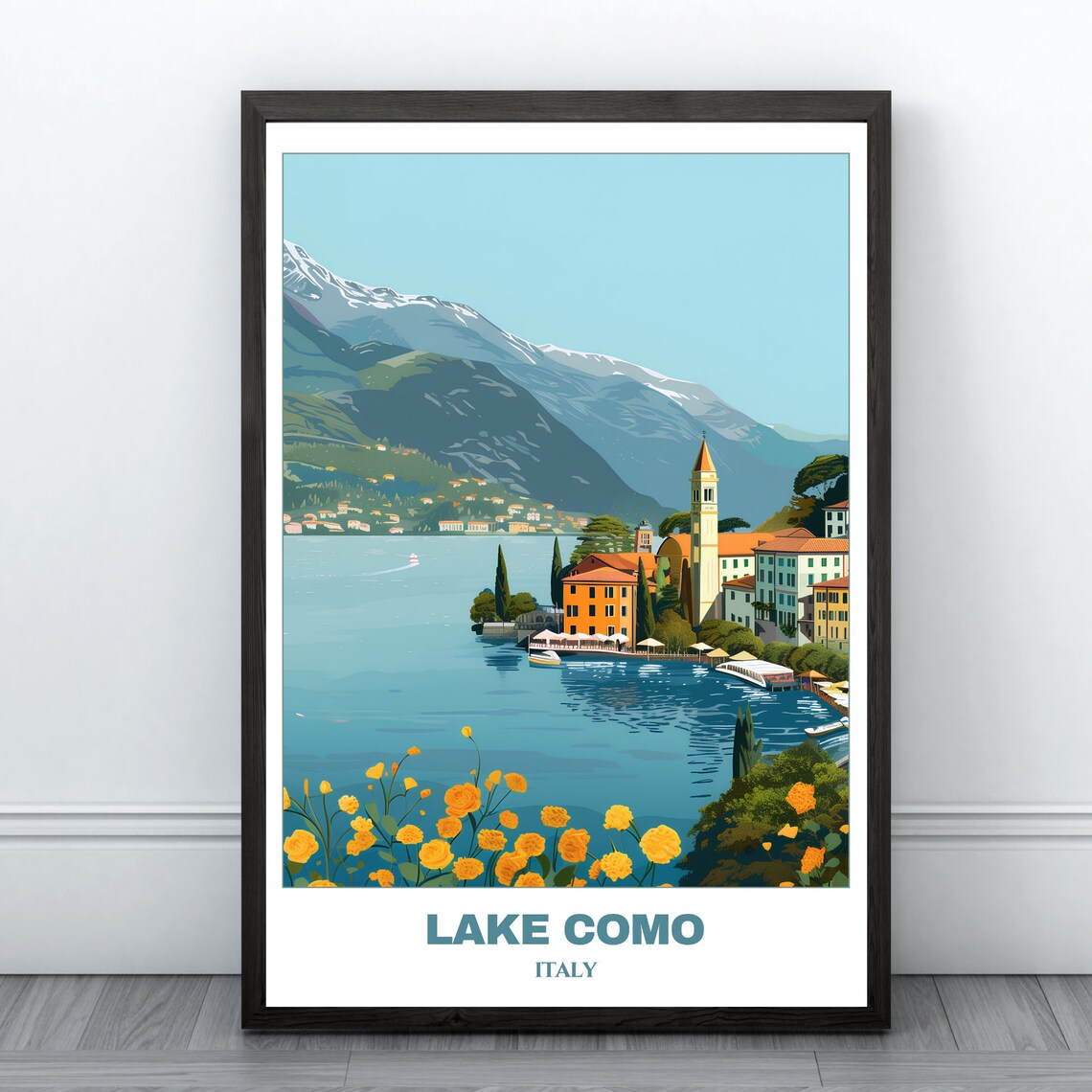 Lake Como Italy Village Church Bell Tower Mountains Travel Poster