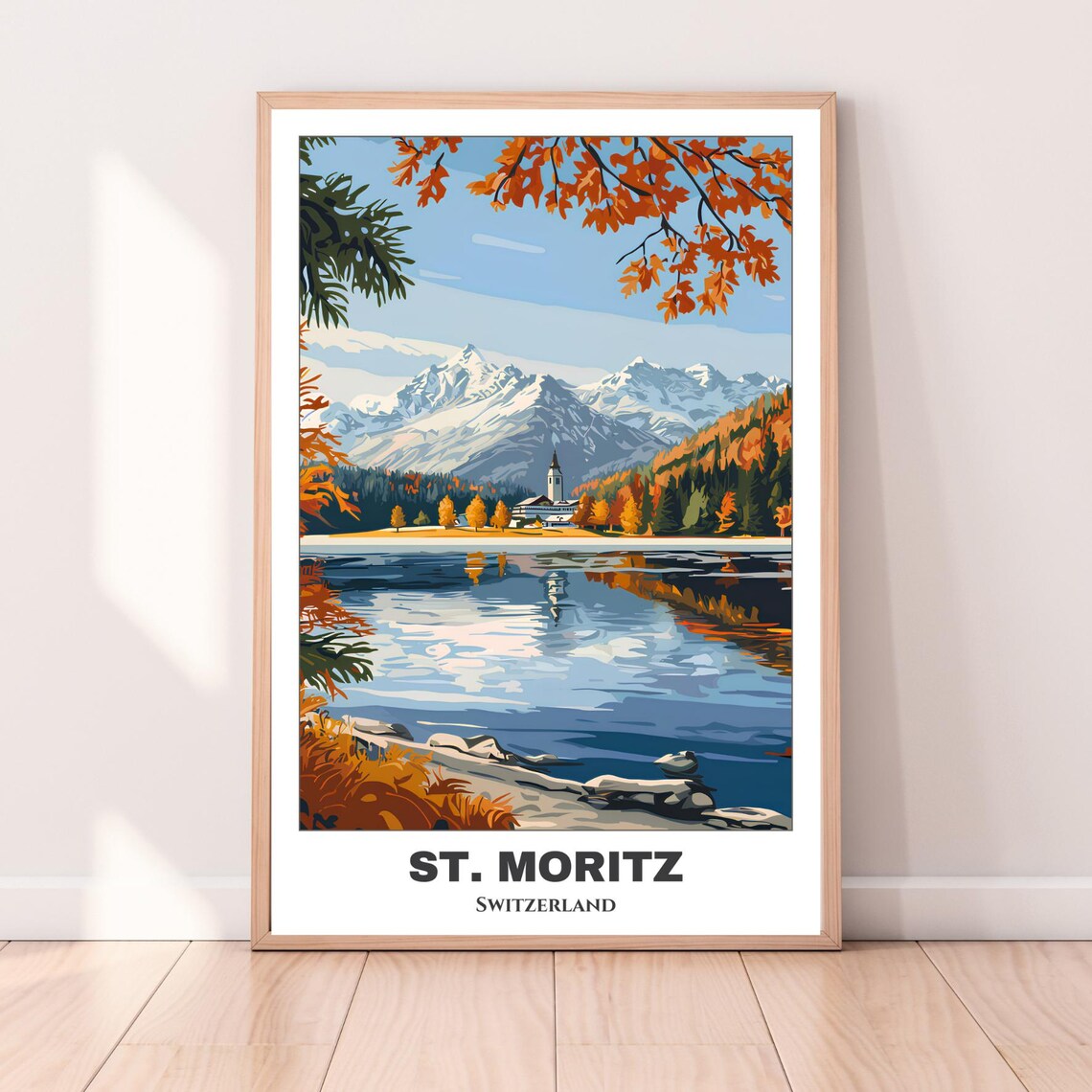 St Moritz Switzerland Alpine Lake Autumn Mountains Vintage Travel Poster - Image 3