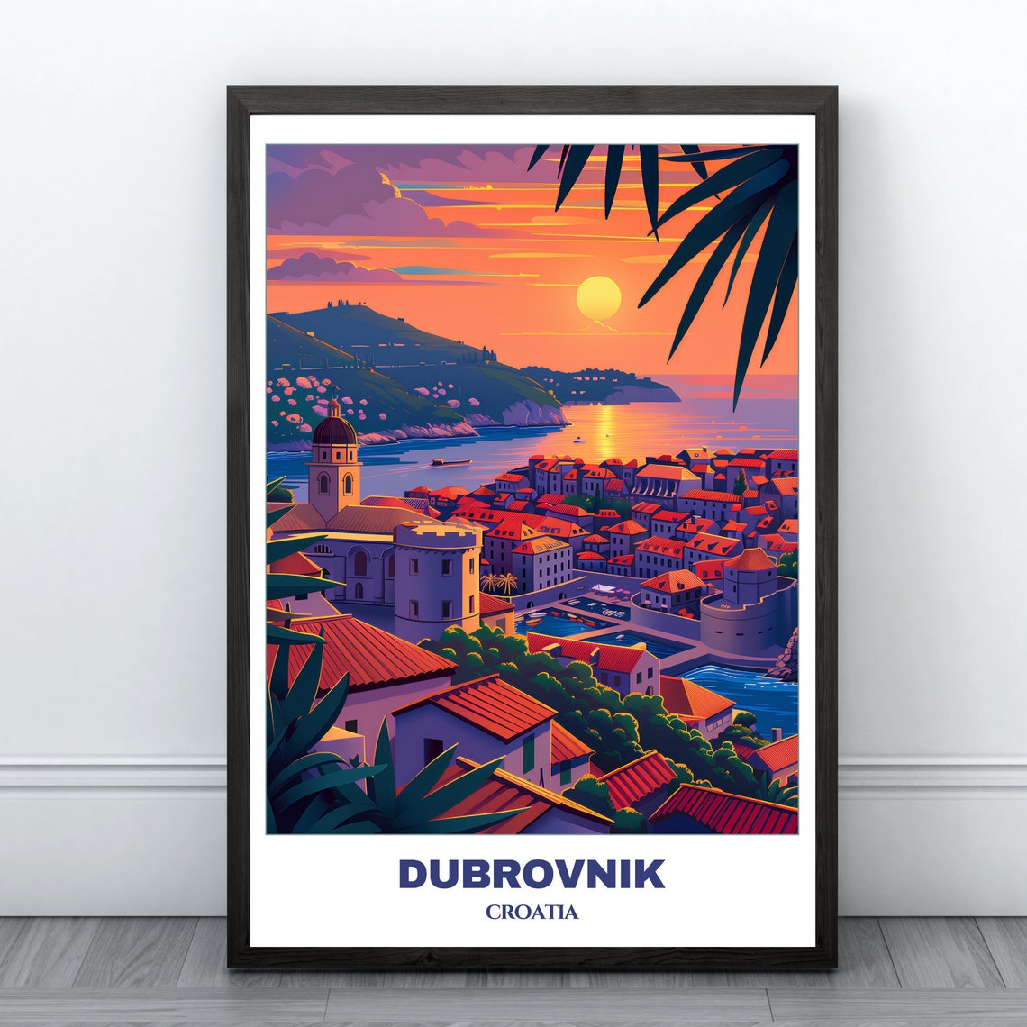 Dubrovnik Croatia Sunset Red Roofs Harbor Bells Travel Poster