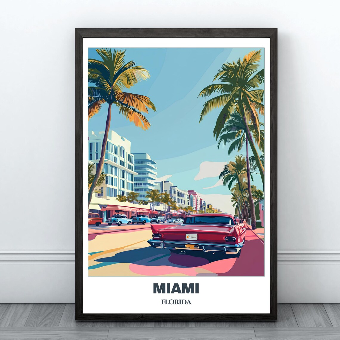 Miami Florida Ocean Drive Art Deco Classic Car Vintage Travel Poster
