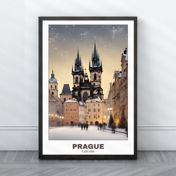 Prague Czechia Snowy Old Town Square Church Towers Winter Poster