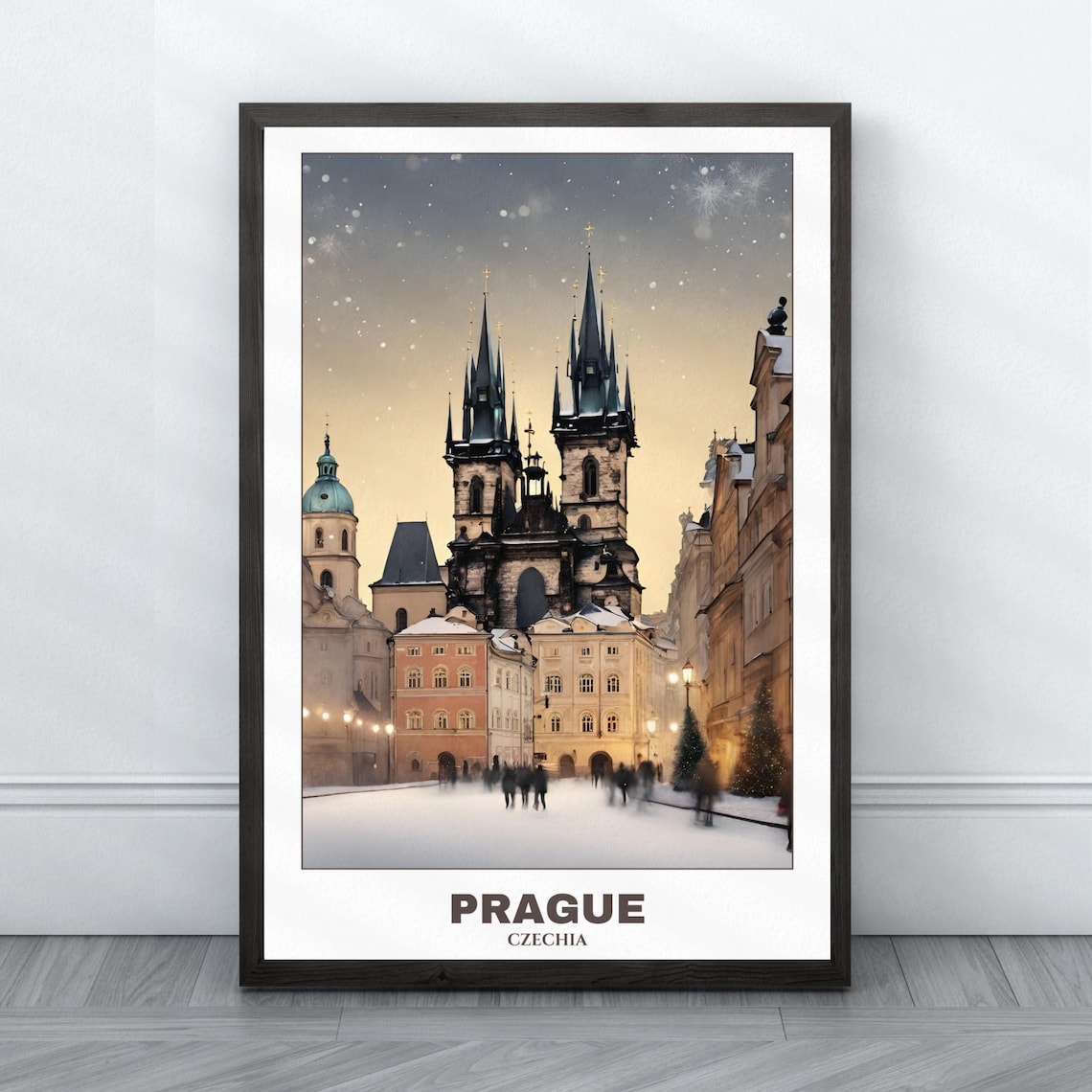 Prague Czechia Snowy Old Town Square Church Towers Winter Poster