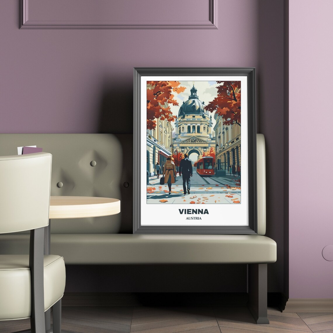 Vienna Austria Autumn Stroll Couple Red Tram Church Dome Poster - Image 2