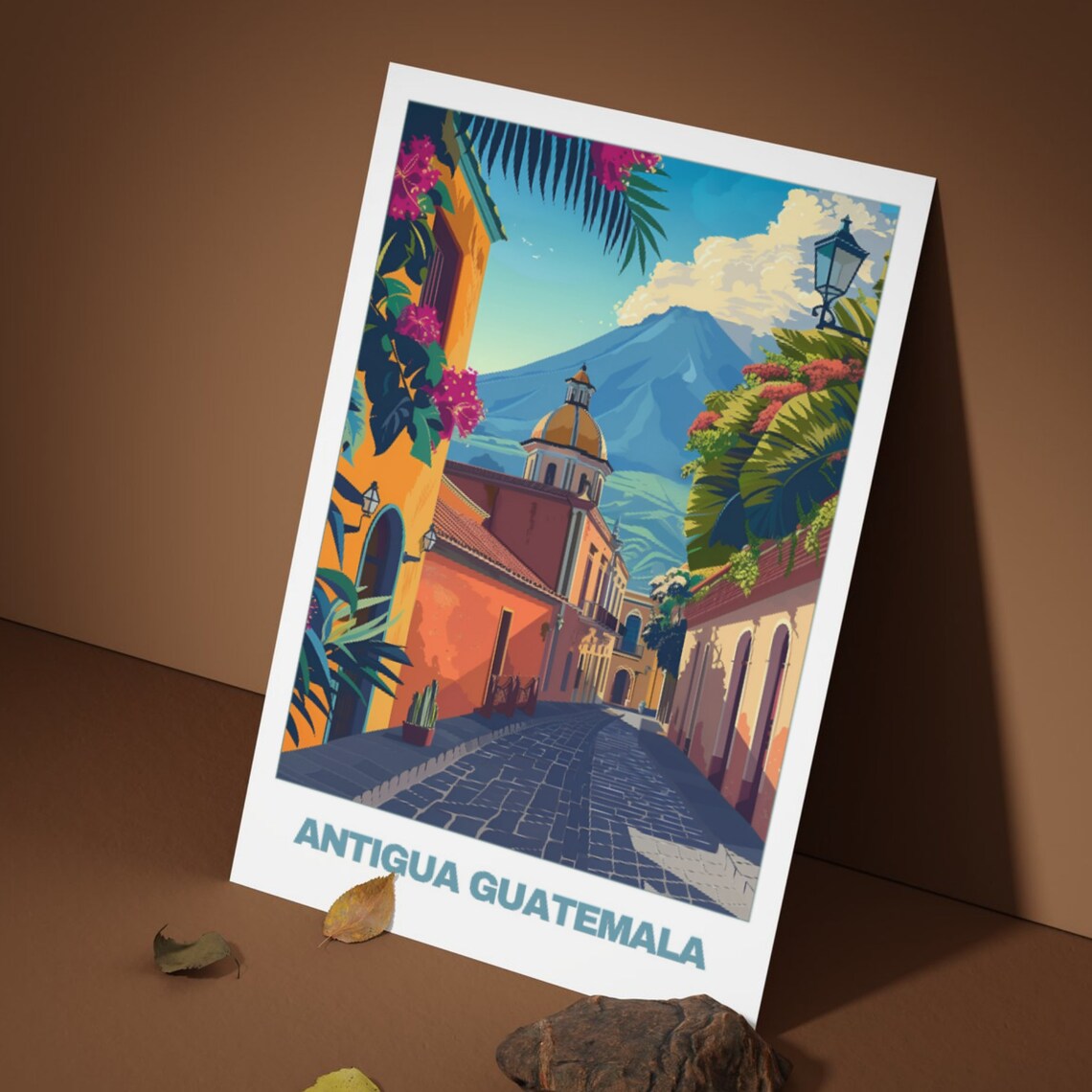 Antigua Guatemala Colonial Street Volcano Bougainvillea View Poster - Image 4