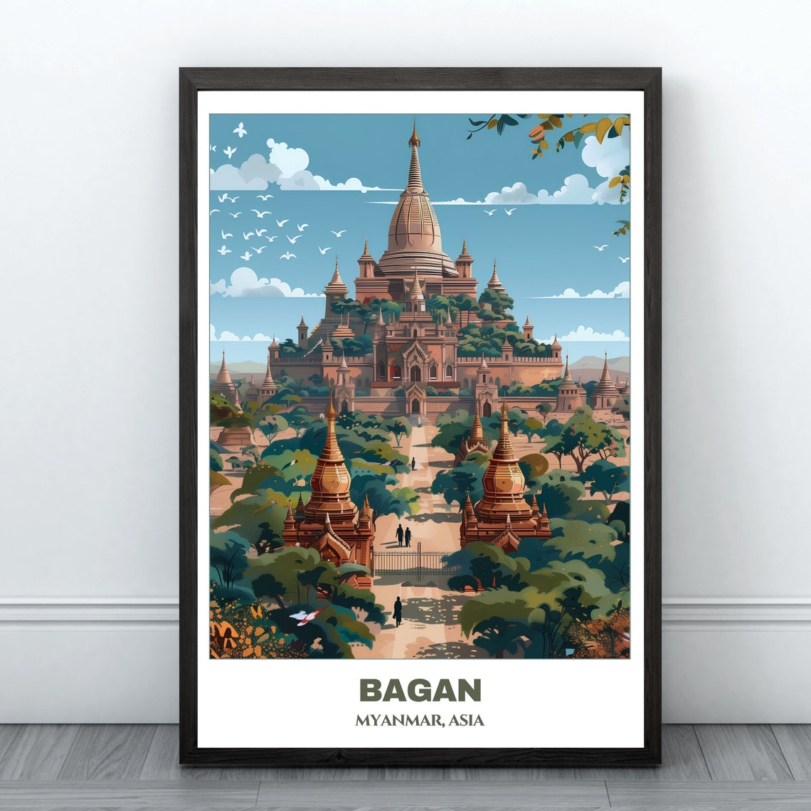 Bagan Myanmar Grand Temple Complex Garden Pathway Birds Poster