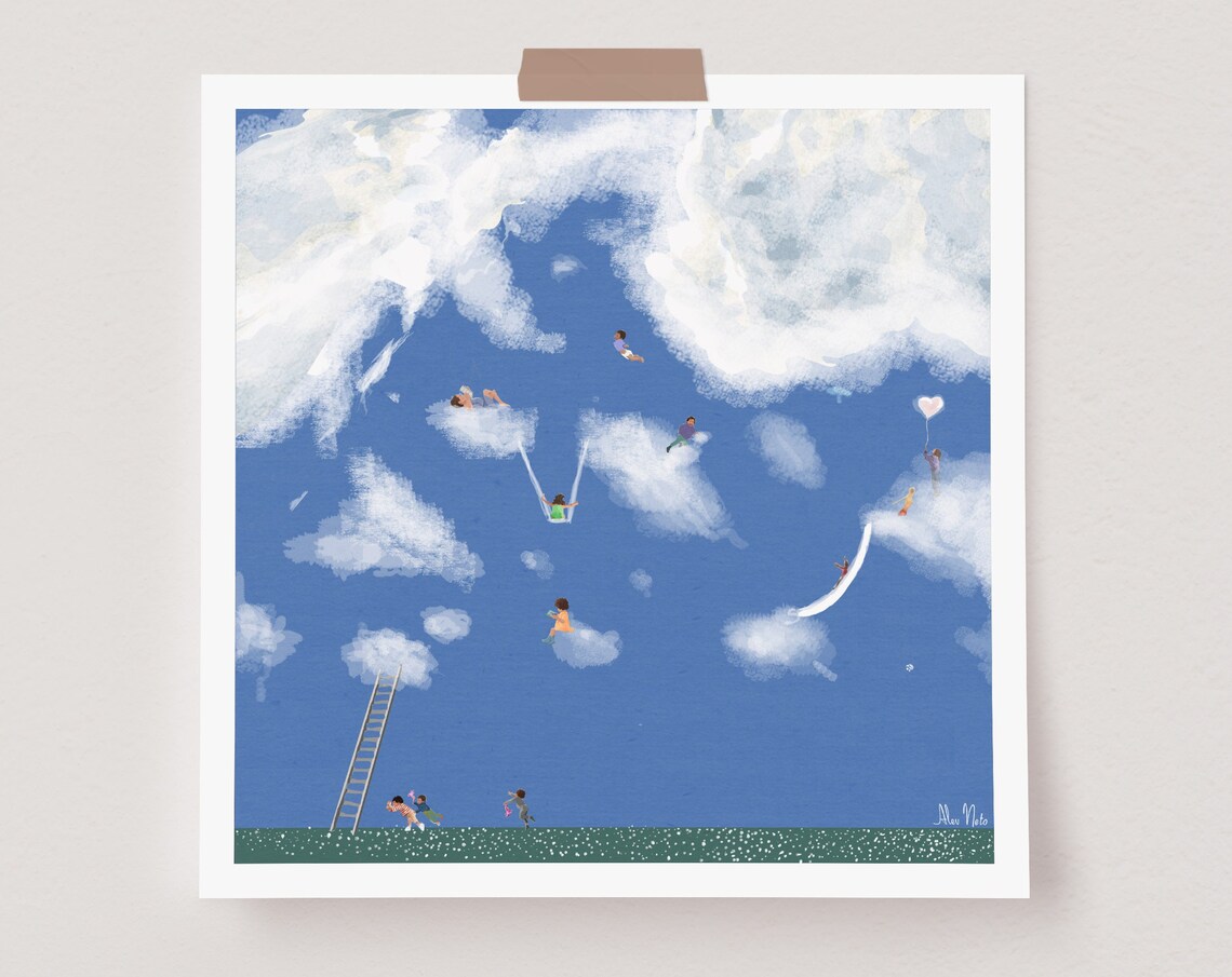 Children Playing and Floating Among White Clouds Sky Dream Poster