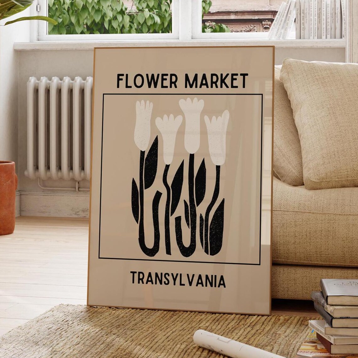 Flower Market Transylvania Black White Tulips Retro Travel Poster