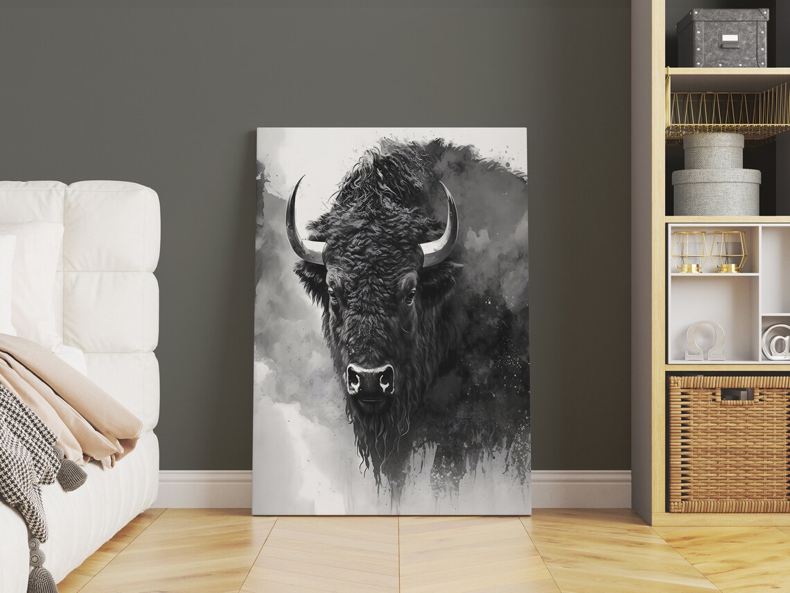 Monochrome Buffalo Portrait Watercolor Wildlife Artwork Poster - Image 3