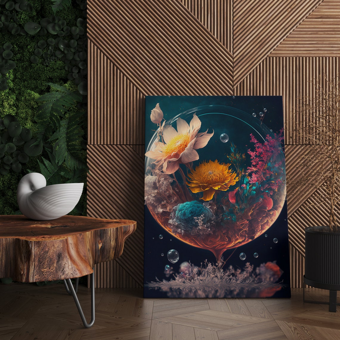 Surreal Flowers Inside Glass Sphere Floating on Dark Background Poster - Image 2