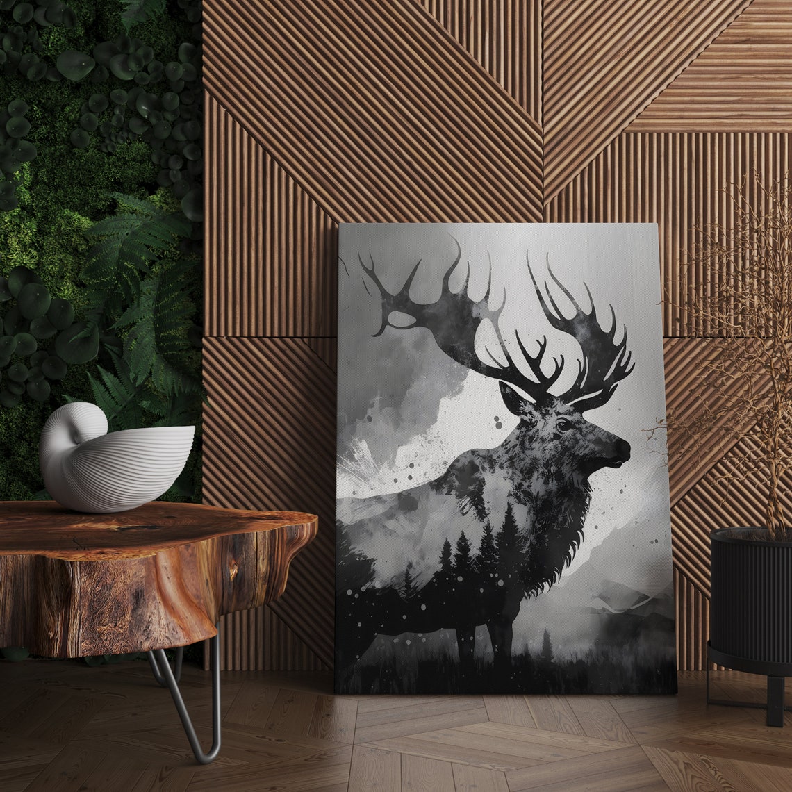 Elk Silhouette Double Exposure With Forest And Mountains Poster - Image 3