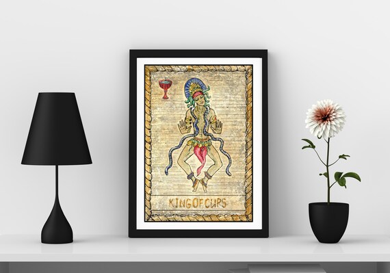 King Of Cups Tarot Card Dancing Figure Vintage Occult Illustration Poster