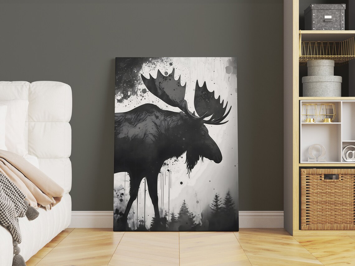 Moose Silhouette Ink Painting Poster Black And White Wildlife Forest Art - Image 2