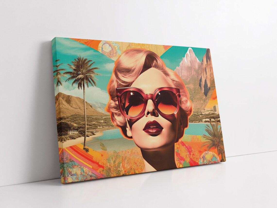 Retro Pop Art Woman Red Sunglasses Palm Beach Collage Wall Poster - Image 2