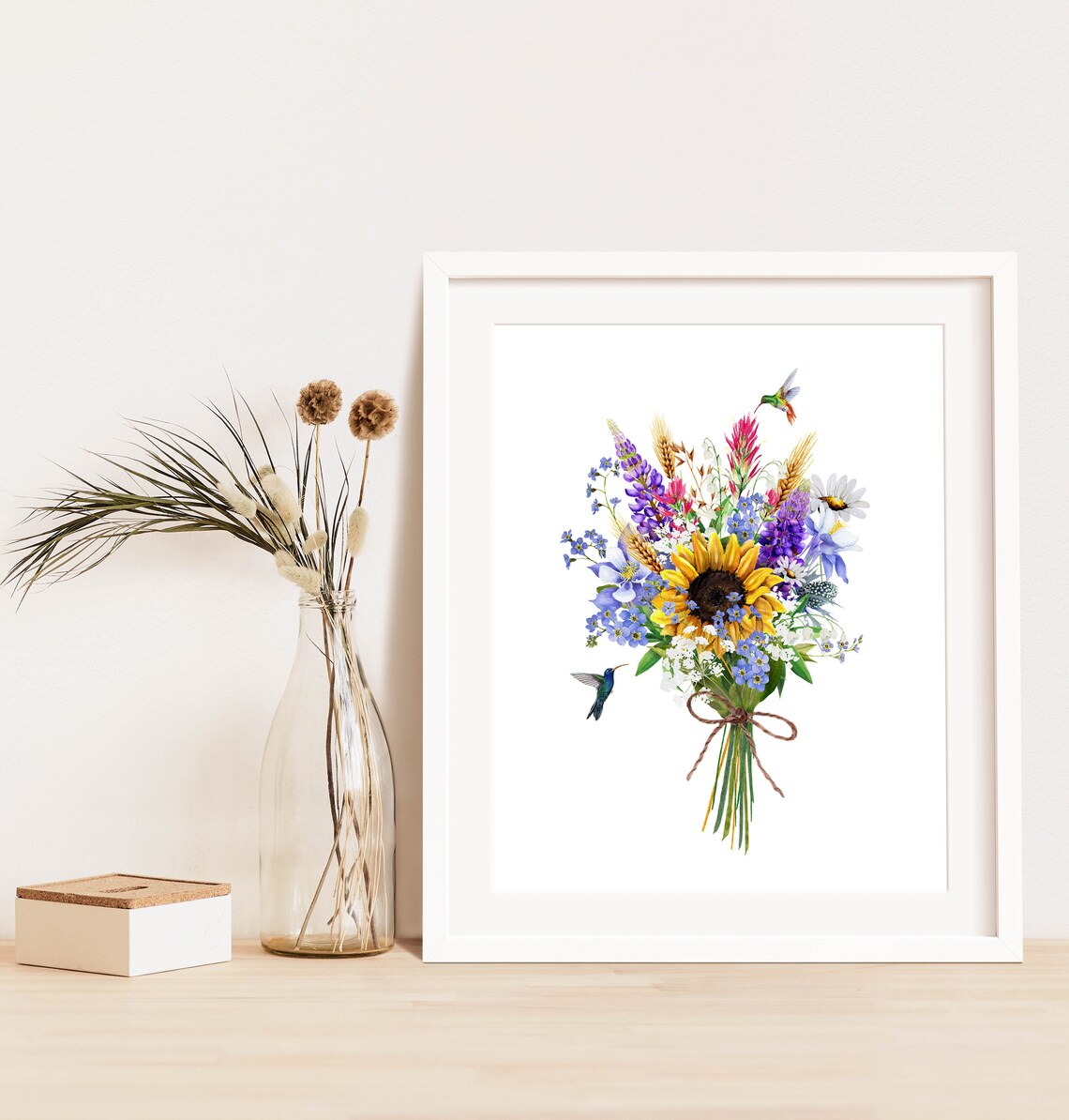 Wildflower Bouquet Sunflower Hummingbird Watercolor Floral Poster - Image 2