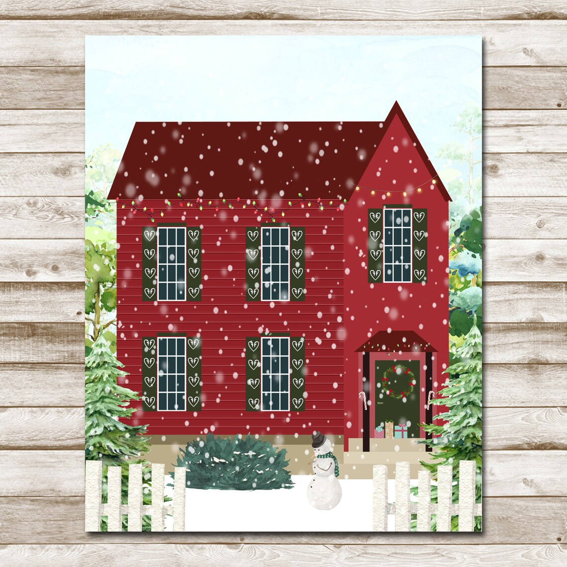 Cozy Red Farmhouse Christmas Snowy Night Scene Holiday Wall Art - Image 4