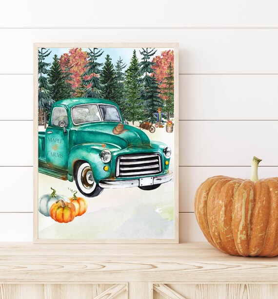 Vintage Teal Truck Maple Farms Pumpkins Fall Harvest Wall Art