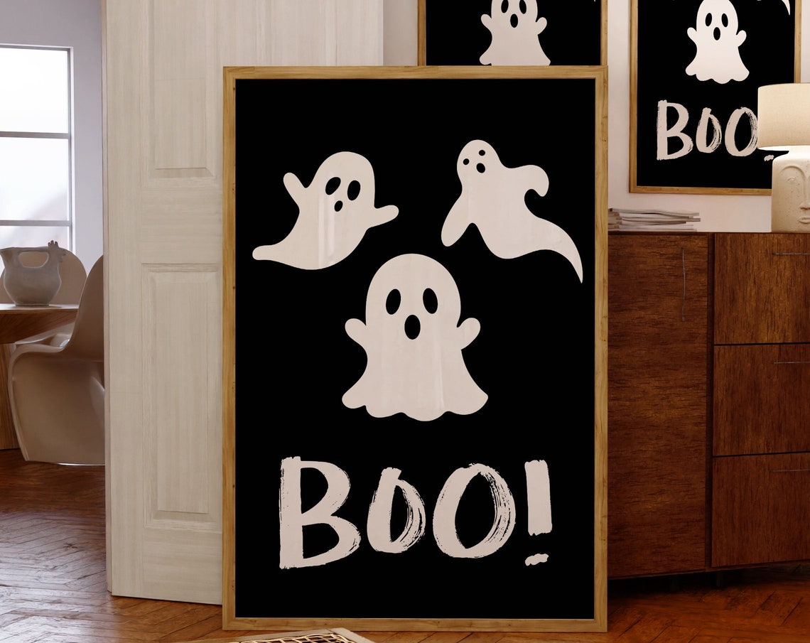 Cute White Ghosts Boo Black Background Retro Halloween Party Poster