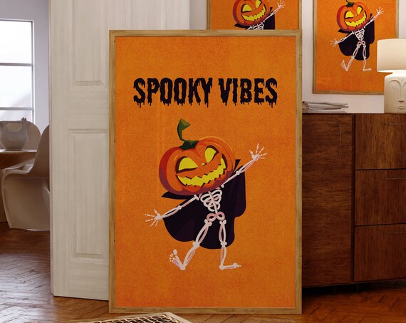 Spooky Vibes Pumpkin Head Skeleton Dance Black Cape Halloween Poster