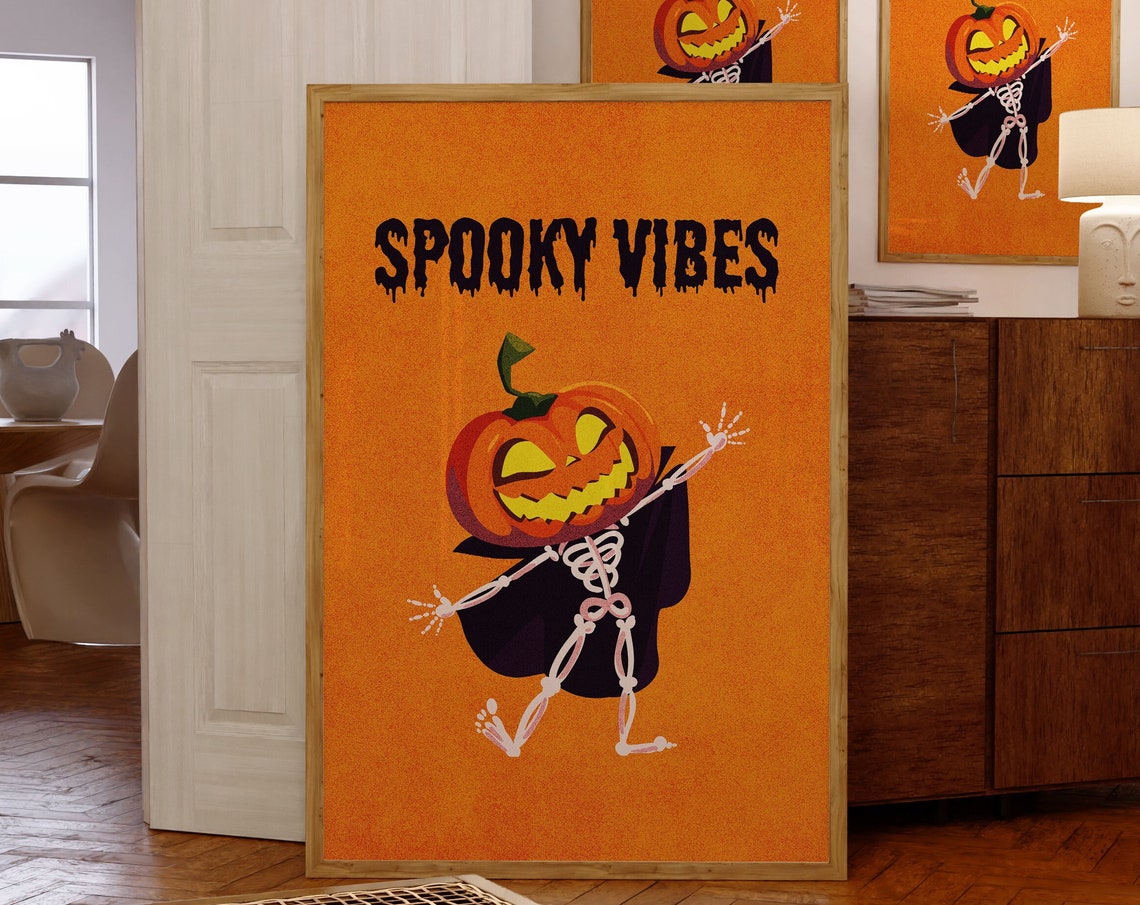 Spooky Vibes Pumpkin Head Skeleton Dance Black Cape Halloween Poster