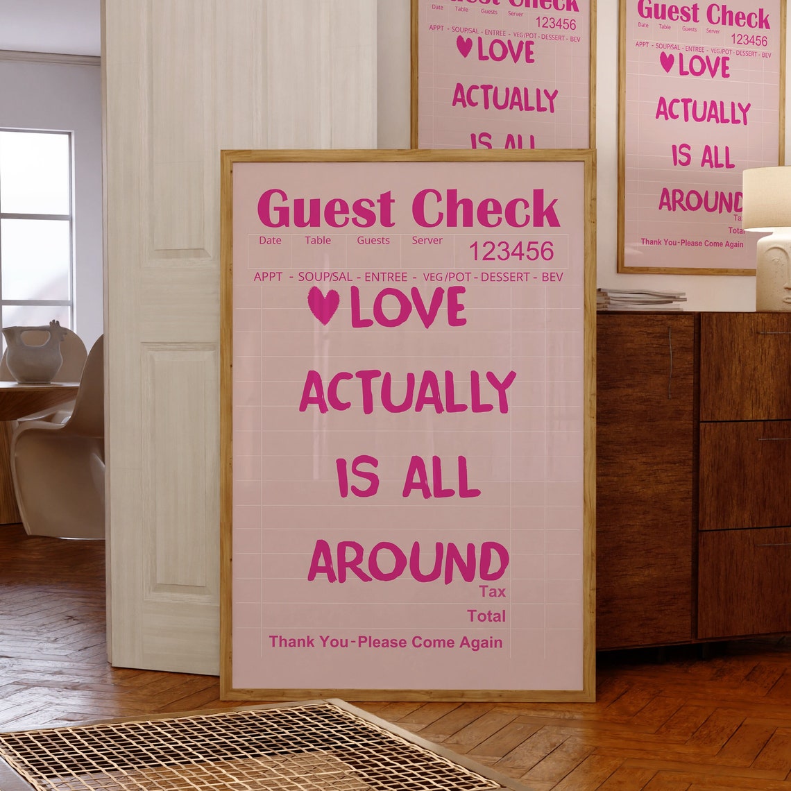 Love Actually Is All Around Pink Guest Check Typography Poster