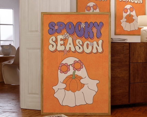 Retro Spooky Season Ghost Pumpkin Groovy Flower Orange Halloween Poster