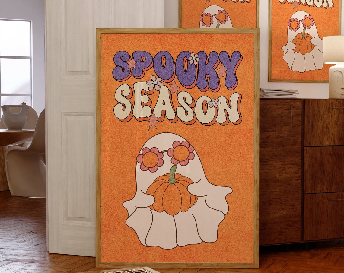Retro Spooky Season Ghost Pumpkin Groovy Flower Orange Halloween Poster
