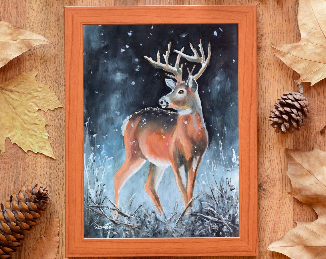 Whitetail Buck Looking Back Through Snowy Night Woods Poster - Image 6