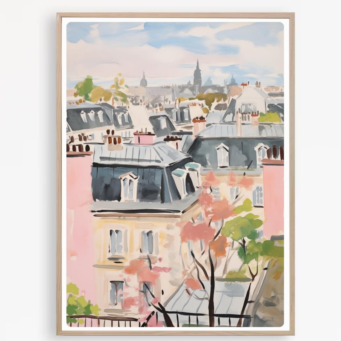 Parisian Rooftops Watercolor Poster with Distant Church Spire View