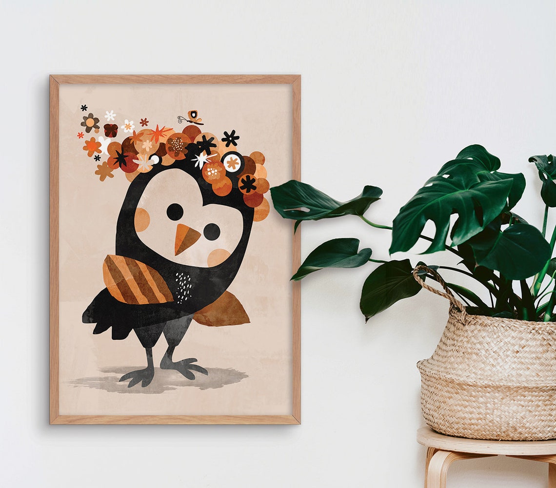 Cute Owl Wearing Floral Crown Brown Nursery Kids Room Decor Poster - Image 4