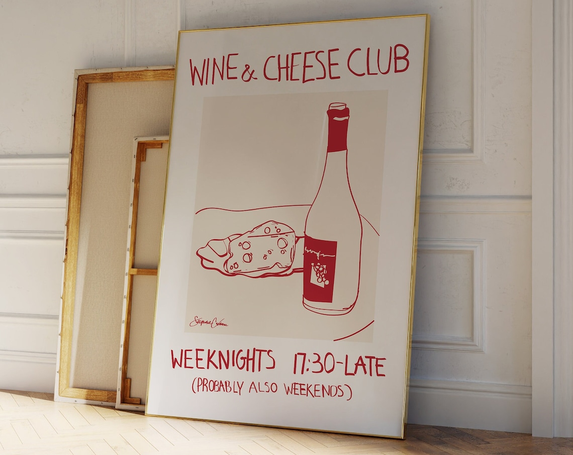 Wine And Cheese Club Retro Kitchen Wall Poster