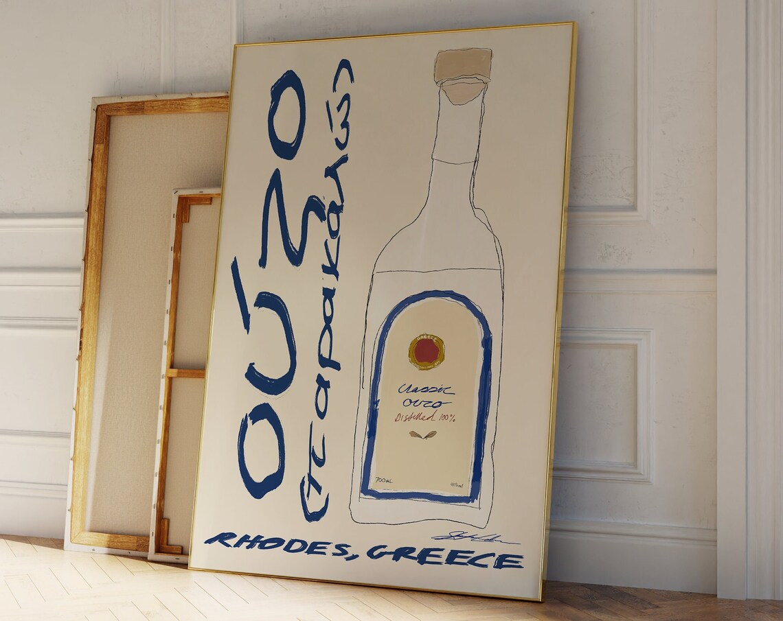 Greek Ouzo Kitchen Wall Art Print, Bar Cart Decor