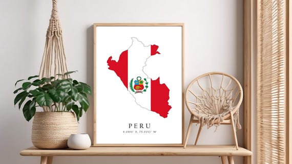 Peru Map Print Flag Latitude Longitude Coordinates Poster Wall Art Home Dcor