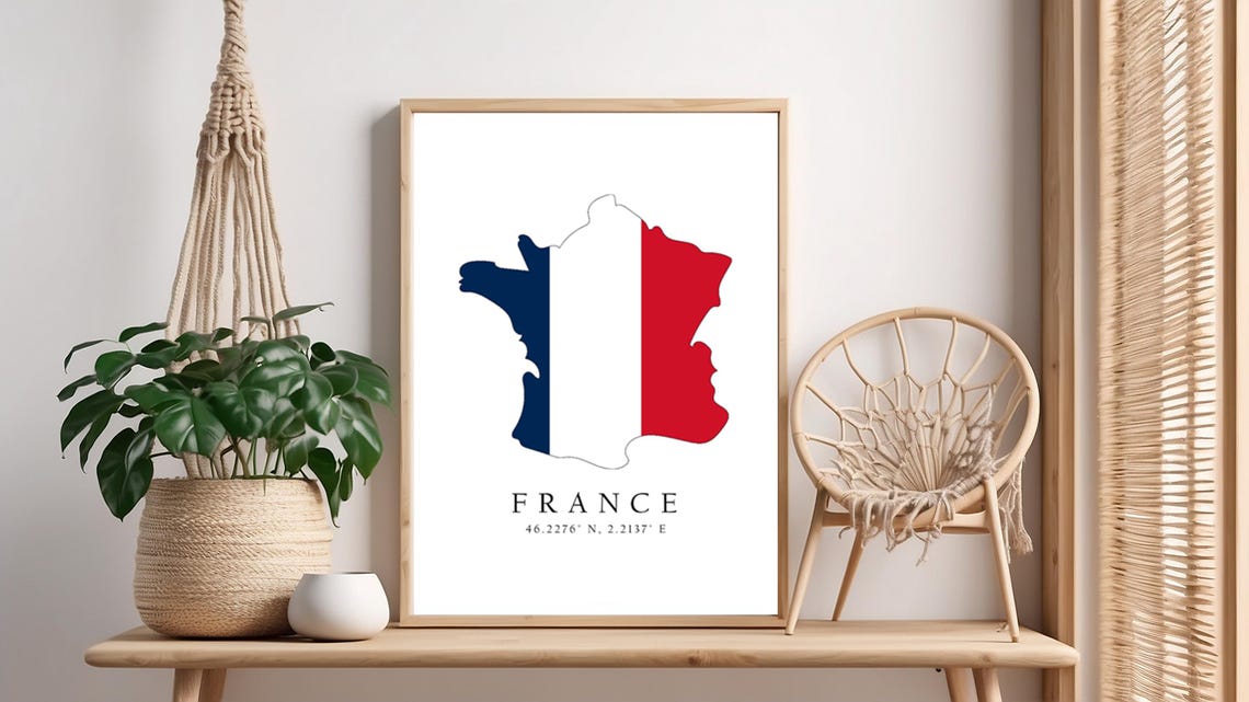 France Map Print Flag Latitude Longitude Coordinates Poster Wall Art Home Dcor