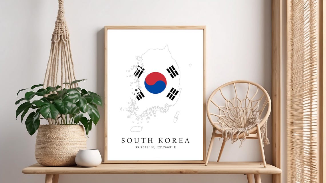 South Korea Map Print Flag Latitude Longitude Coordinates Poster Wall Art Home Dcor