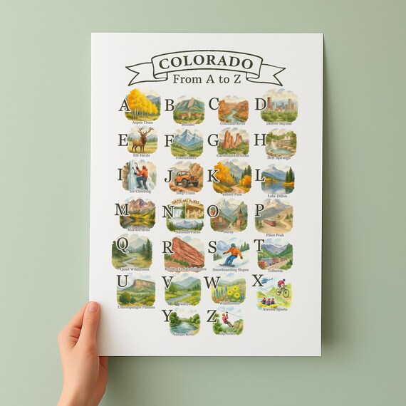 Colorado From A to Z Watercolor Illustrated Alphabet Travel Poster