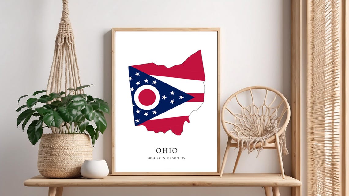 Ohio Map Print Flag Latitude Longitude Coordinates Poster Wall Art Home Dcor