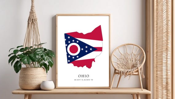 Ohio Map Print Flag Latitude Longitude Coordinates Poster Wall Art Home Dcor