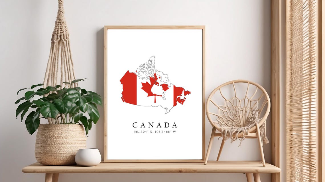 Canada Flag Map Red Maple Leaf Country with Coordinates Poster