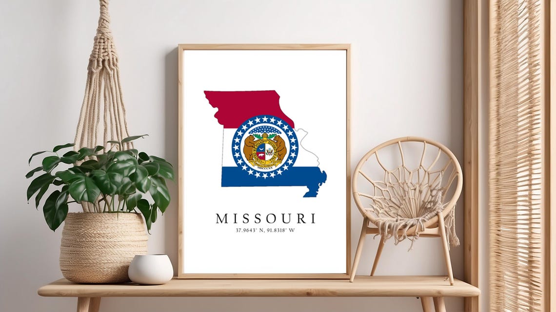 Missouri Map Print Flag Latitude Longitude Coordinates Poster Wall Art Home Dcor